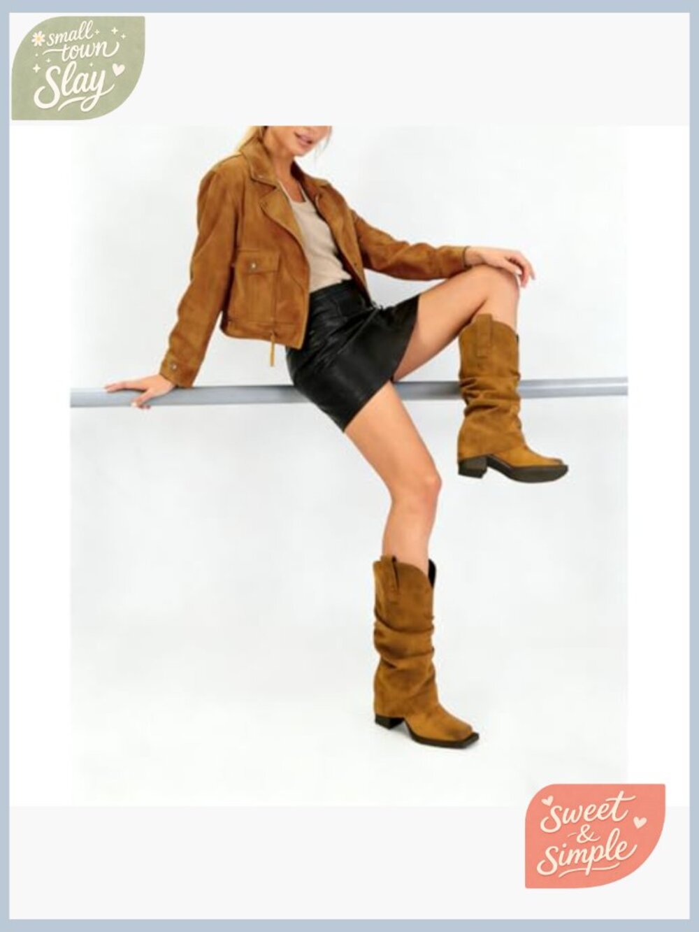 Faux Suede Fold Over Mid Calf Boots Square Toe Chunky Heel Pull On Booties - Picture 2 of 7